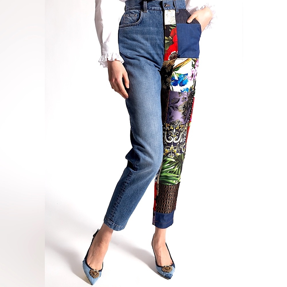 Dolce & Gabbana Straight Leg Jeans with Blue and Multicolor Patchwork